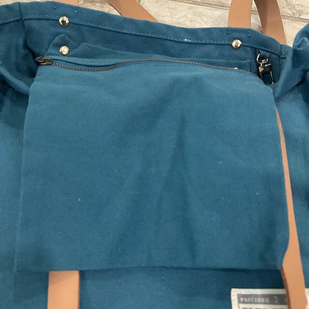 FEED Market Tote Bag Teal Blue Canvas Tan Straps Provides 3 Meals Grocery Bag